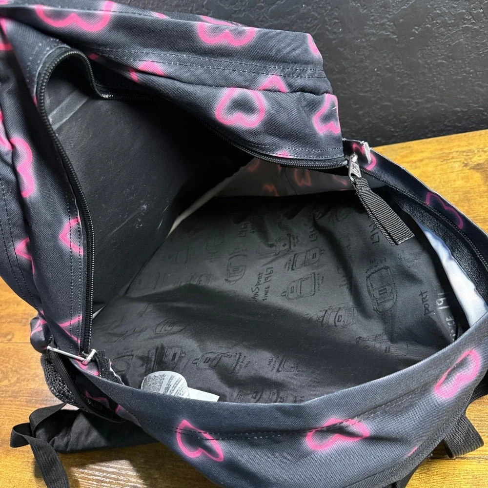 JanSport Big Student JS0A47JK Black Pink Heart Polyester Backpack Unisex OS